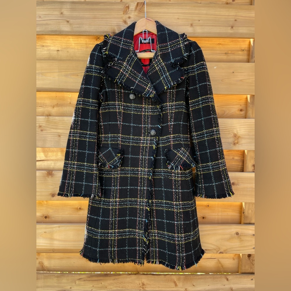 Guess Black Fringe Mid Length Wool Blend Peacoat, Size S